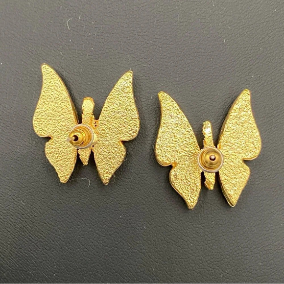 Pave Black and Gunmetal Grey Butterfly Pierced Gold Earrings - Picture 5 of 9